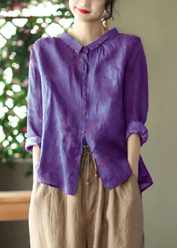 Weekend Comfort Retro Peacock purple Peter Pan Collar Print Button Wrinkled Shirts Long Sleeve Weekend Comfort Retro Peacock purple Peter Pan Collar Print Button Wrinkled Shirts Long Sleeve