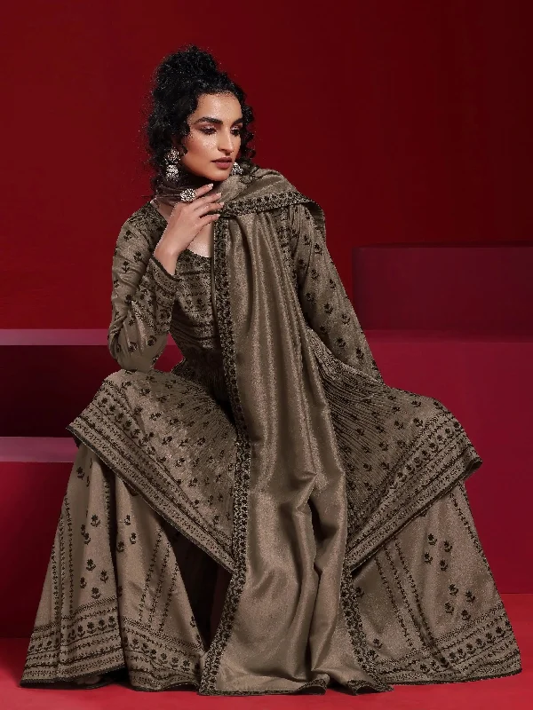 Relaxed Fashion Libas Art Brown Embroidered Silk Blend A-Line Kurta With Sharara & Dupatta