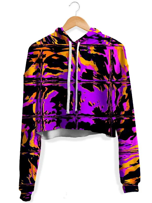 Relaxed Fashion Purple Blackout Rave Glitch Fleece Crop Hoodie