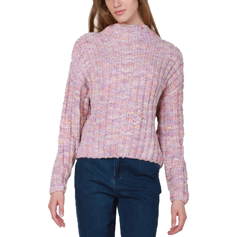 Comfy Chic Black Tape_ Womens Open Stitch Knit Funnel-Neck Sweater