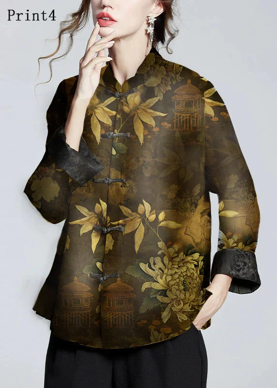 Cozy Pants Chinese Style Print4 Stand Collar Button Print Silk Coats Long Sleeve