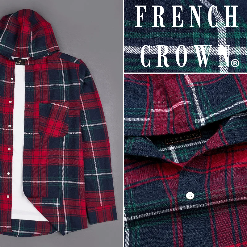 Casual Fit Wear Firefly Blue with Scarlet Red Checkered Flannel Hoodie Shirt