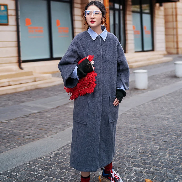 Breathable Style vintage gray long coat oversized O neck Wool Coat boutique flare sleeve pockets long coat Breathable Style vintage gray long coat oversized O neck Wool Coat boutique flare sleeve pockets long coat