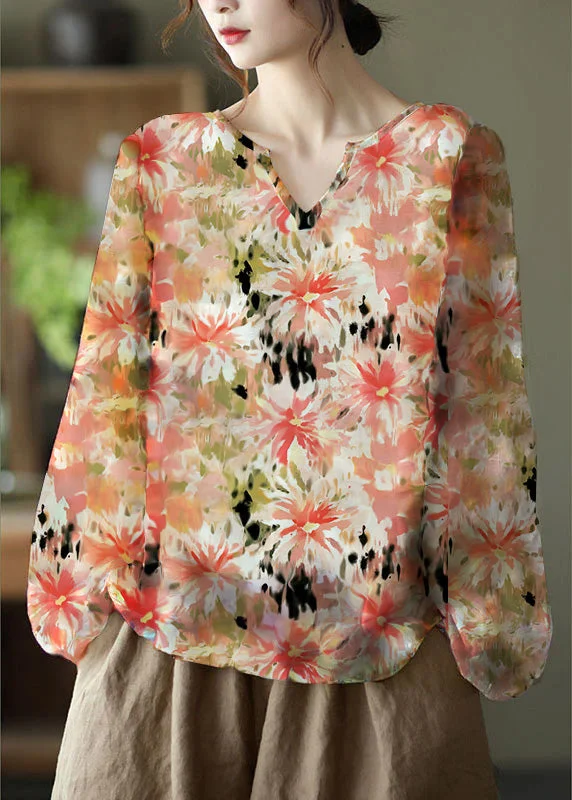 Trendy Dresses Handmade orange  V Neck Casual Floral Fall Blouse Long sleeve