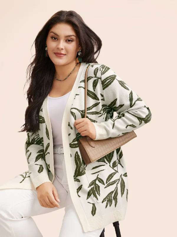 Comfort Fit Leaf Pattern Patch Pocket Jacquard Cardigan