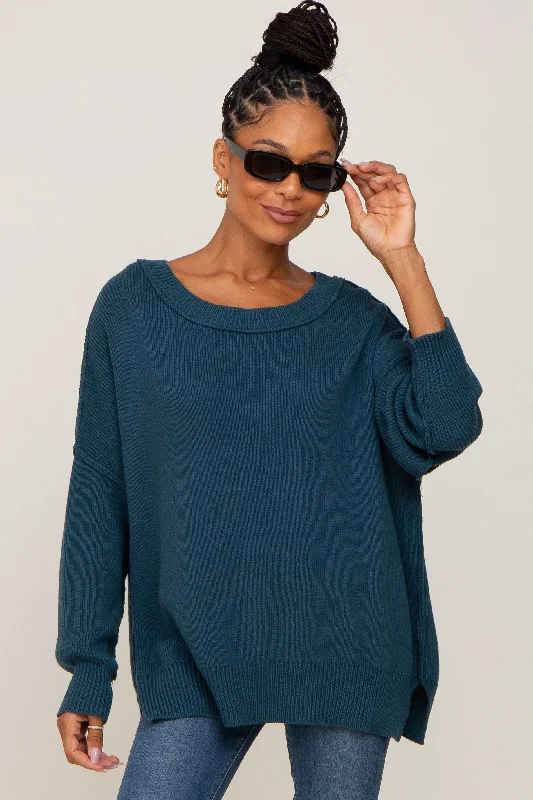 Relaxed Fashion Teal Exposed Seam Side Slit Sweater