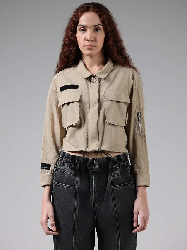 Lounge Chic Nuon Solid Beige Crop Windcheater Jacket
