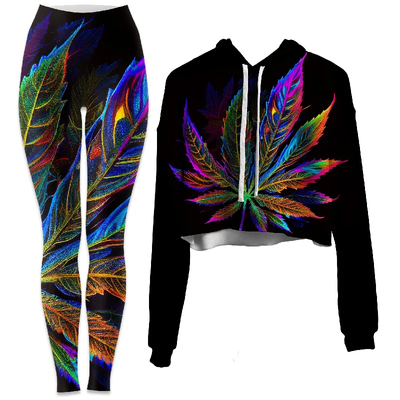 Soft Casuals Blacklight Weed Crop Hoodie and Leggings Combo