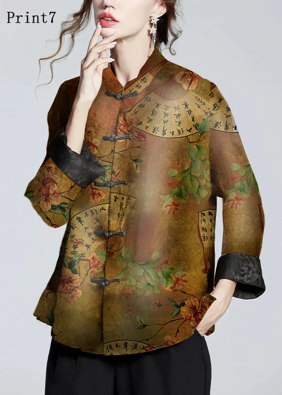 Cozy Look Chinese Style Print7 Stand Collar Button Print Silk Coats Long Sleeve