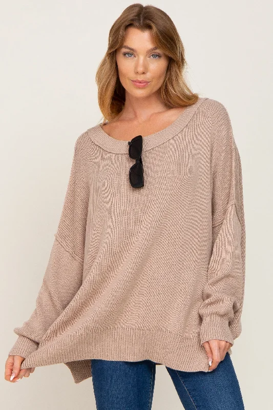 Layered Style Taupe Exposed Seam Side Slit Sweater