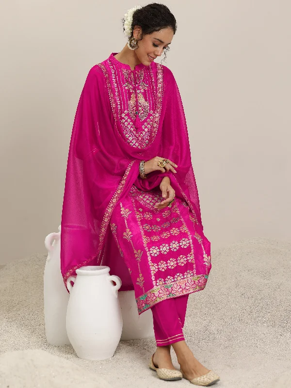 Cozy Knits Pink Woven Design Silk Blend Straight Suit With Dupatta