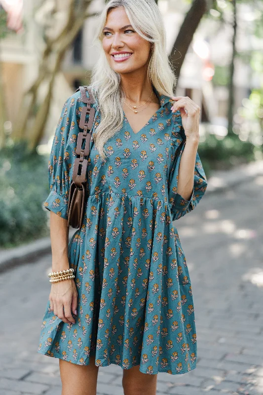 Cozy Outfit Know It All Forest Green Floral Babydoll Dress