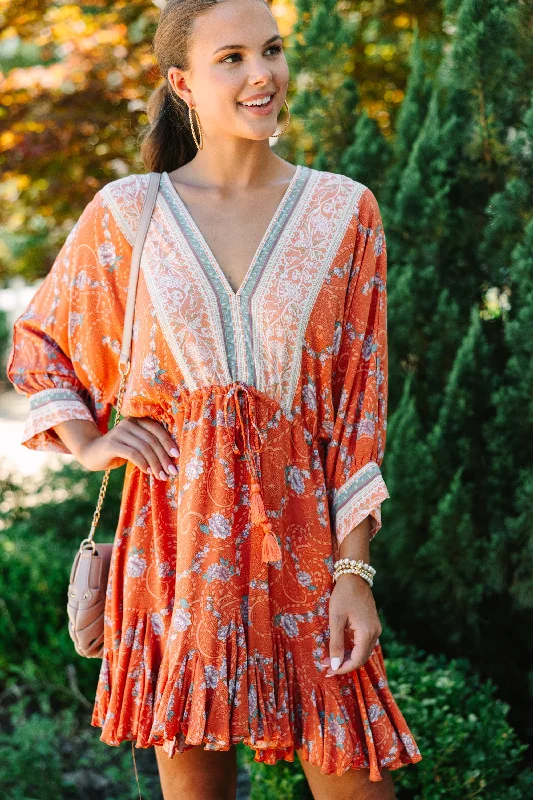 All-Day Wear All Up To You Rust Orange Floral Dress