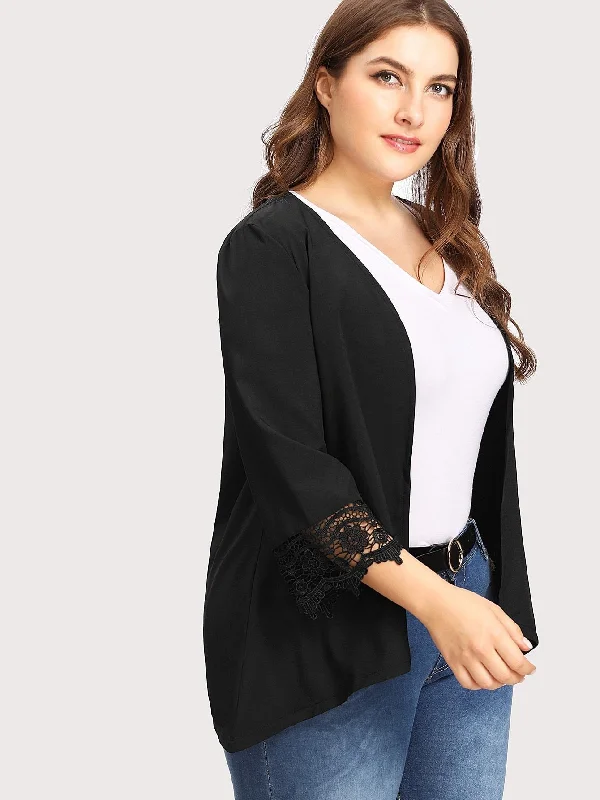 Cozy Fit Wear Plus Lace Crochet Contrast Cuff Kimono