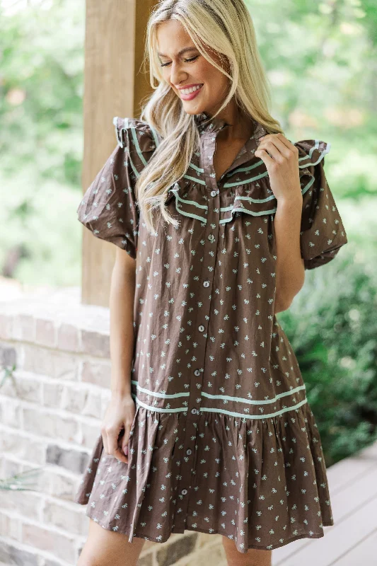 Sporty Elegance I See You There Brown Bow Printed Dress