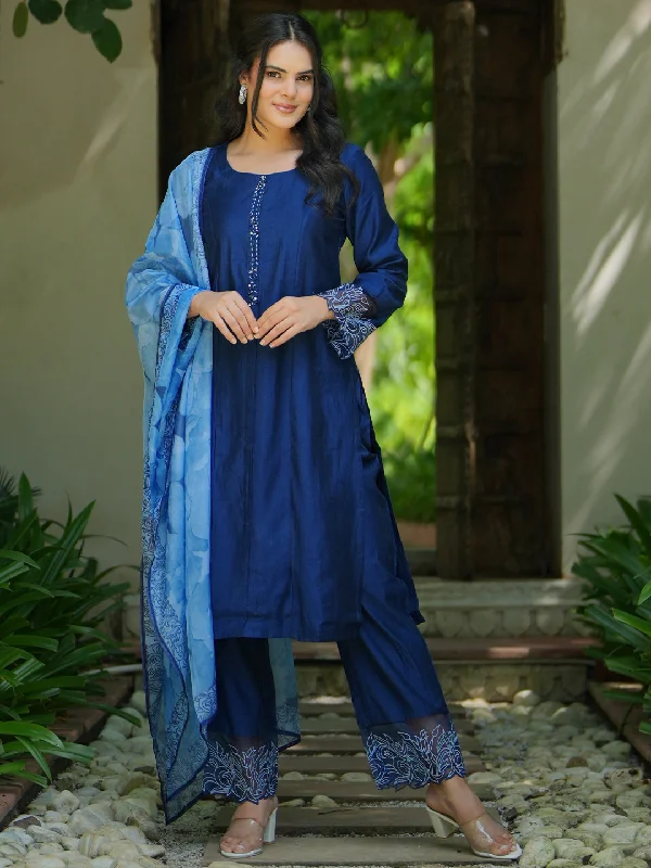 Smart Comfort Wear Blue Yoke Design Silk Blend Straight Suit With Dupatta