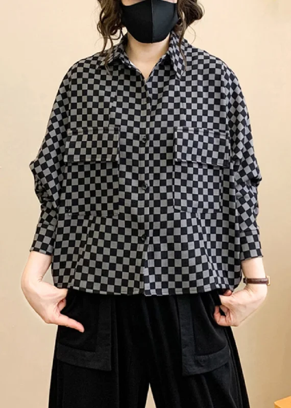 Light Fit Plaid Print Patchwork Cotton Trench Peter Pan Collar Long Sleeve