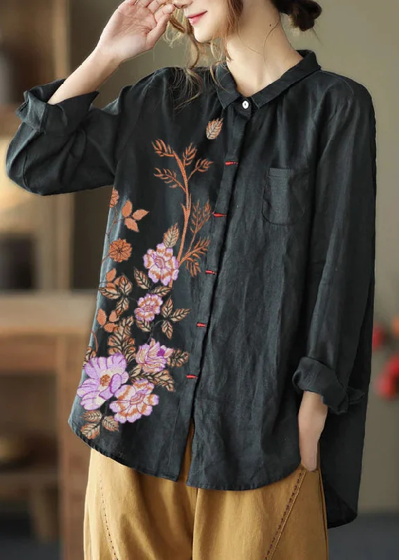 Soft Textures Black-flowers Patchwork Linen Shirt Peter Pan Collar Embroideried Spring