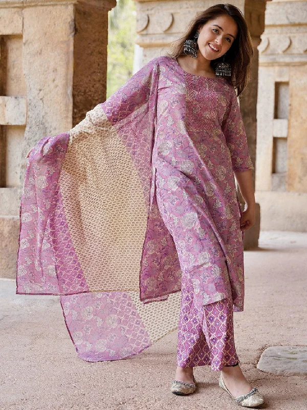 Weekend Comfort Mauve Printed Cotton Straight Suit With Dupatta