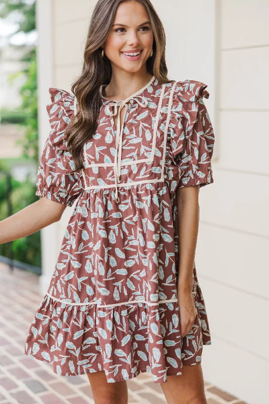 Comfy Pants In The Moment Brown Floral Babydoll Dress