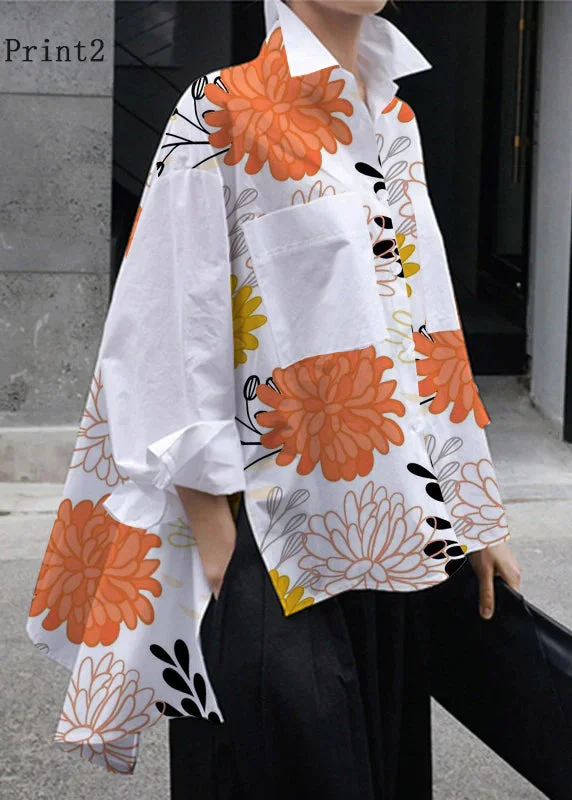 Comfortable Fashion Natural White-Print2 Peter Pan Collar Low High Design Button Pockets Cotton Shirts Long Sleeve