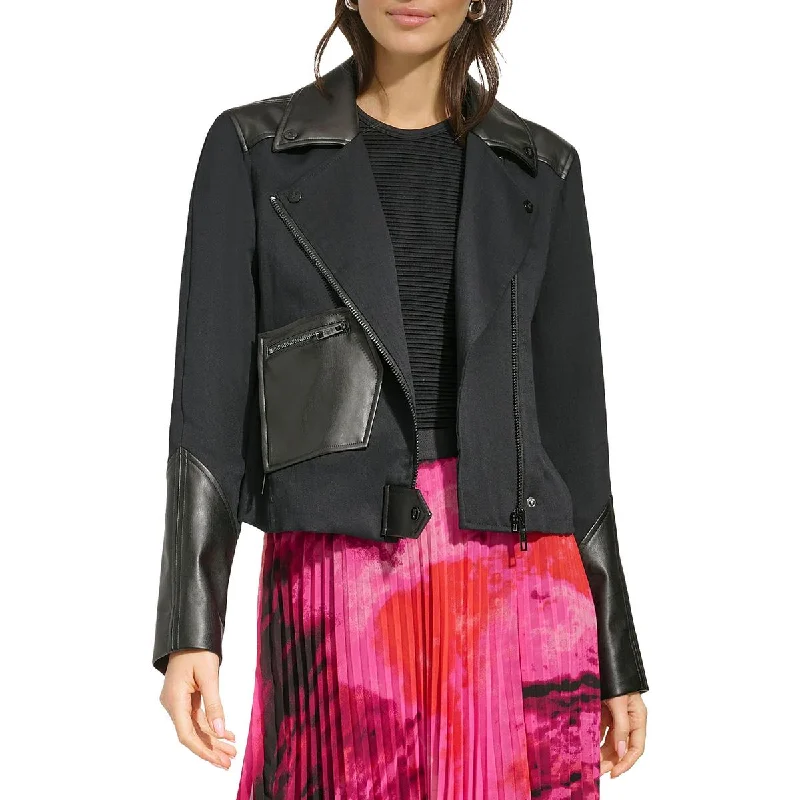 Comfort Fit DKNY Womens Mixed Media Asymmetric Motorcycle Jacket