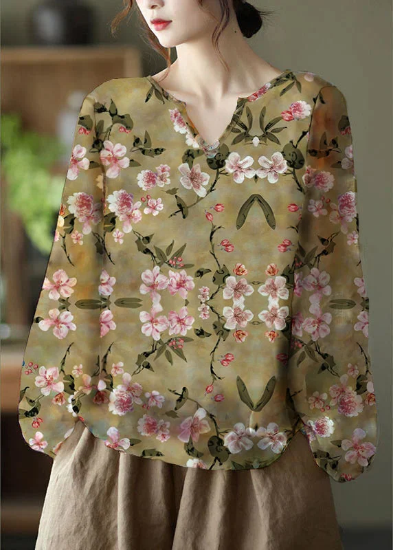 Chic Outfits Handmade brown  V Neck Casual Floral Fall Blouse Long sleeve