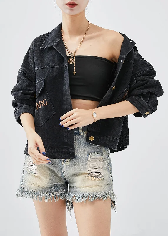 Comfortable Sweaters Boutique Black Embroidered Letter Butterfly Denim Jacket Fall