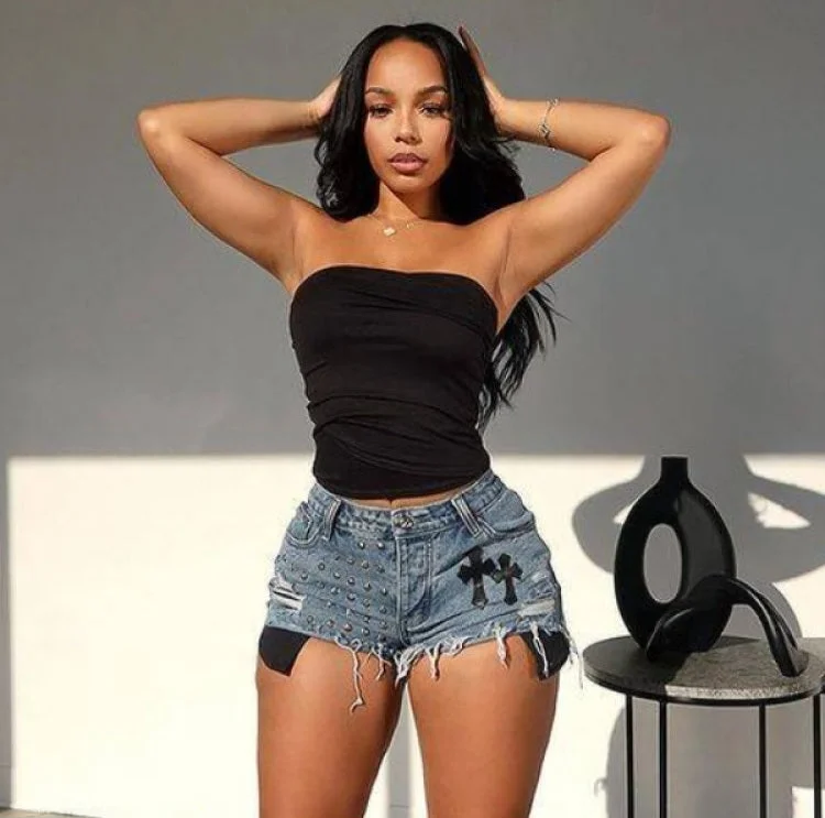 Relaxed Dresses Cross Rivet Patchwork Distressed Denim Shorts