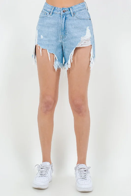 Weekend Comfort Wear American Bazi High Waist Fringed Hem Denim Shorts