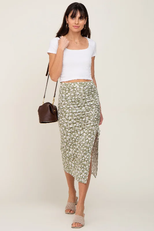Comfortable Fashion Light Olive Floral Drawstring Front Midi Skirt
