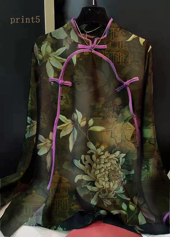 Easygoing Fashion Elegant Green-Print5 Stand Collar Patchwork Jacquard side open Silk Shirts Long Sleeved Easygoing Fashion Elegant Green-Print5 Stand Collar Patchwork Jacquard side open Silk Shirts Long Sleeved