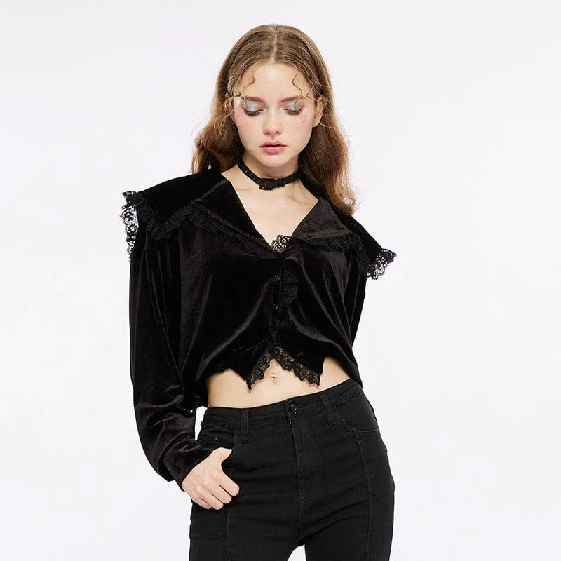 Relaxed Fit Wear Women's Gothic Plunging Lace Splice Velvet Shirt
