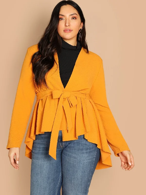 Easy Style Plus Tie Waist Dip Hem Wrap Coat