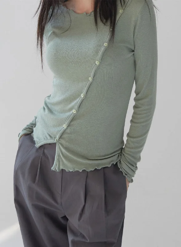 Stylish Wear Waive Trim Neck Tee With Diagonal Button