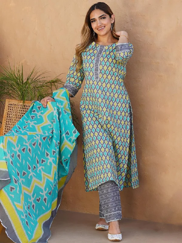Comfy Chic Wear Grey Printed Cotton Straight Suit With Dupatta