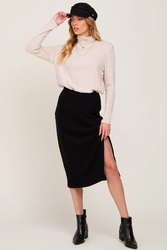 Cozy Pants Black Soft Knit Ribbed Side Slit Midi Skirt