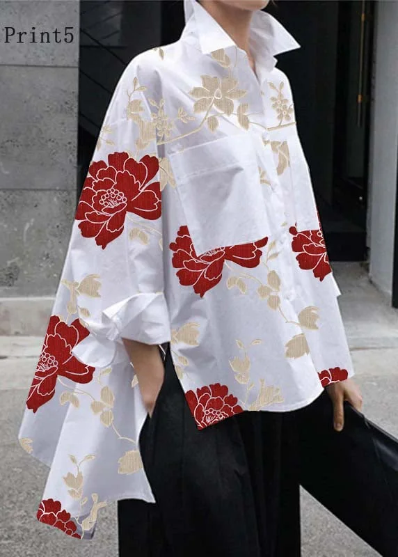 Chic Comfort Natural White-Print5 Peter Pan Collar Low High Design Button Pockets Cotton Shirts Long Sleeve
