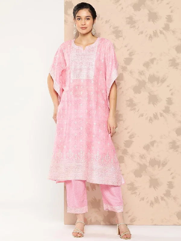 Cozy Lounge Wear Pink Printed Silk Blend Kaftan Kurta With Trousers