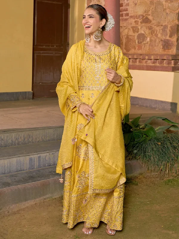 Classic Comfort Libas Art Yellow Embroidered Silk A-Line Kurta With Trousers & Dupatta