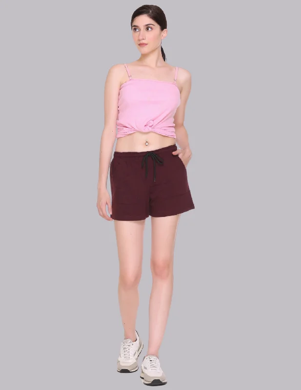 Cozy Outfit Cotton Shorts For Women Plain -Wine