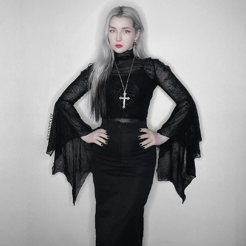 Timeless Style Women's Gothic Flared Sleeved Spider Web Sheer Shirt