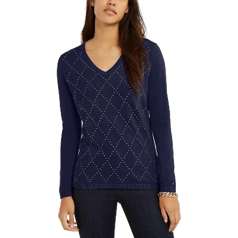 Versatile Wear Tommy Hilfiger Womens Cotton Studded Argyle V-Neck Sweater