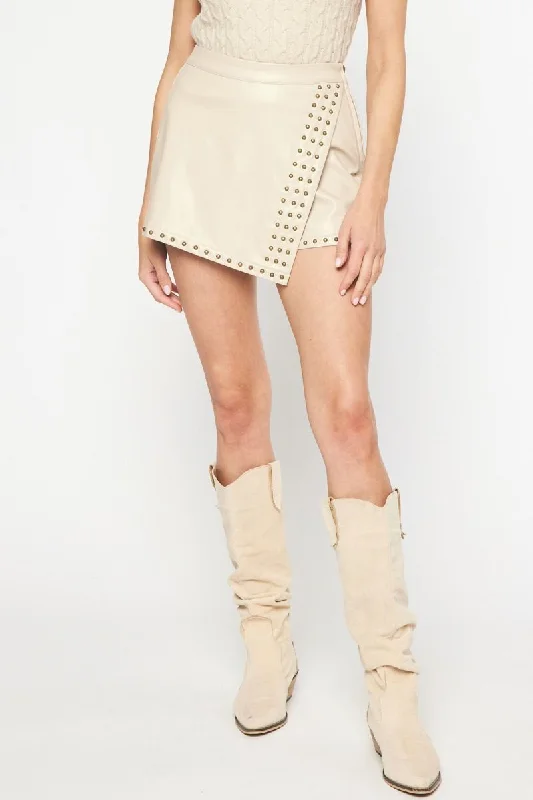 Effortless Comfort Studded Faux Leather Ecru Skort