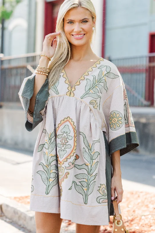 Effortless Dressing Just My Type Beige Floral Embroidery Babydoll Dress