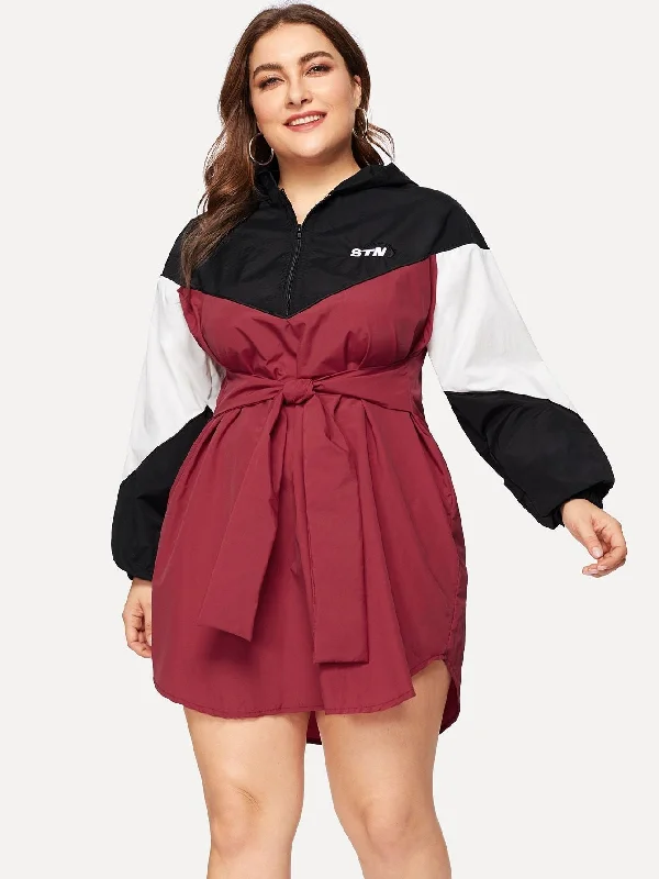 Easy Comfort Style Plus Color-block Self-tie Hooded Dress