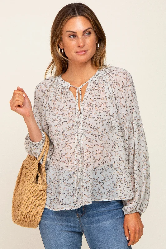 Light Dressing Mint Green Floral Button Front Accent Top