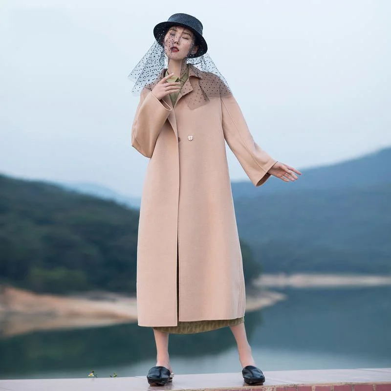 Soft Layers 2018 nude pink wool coat plus size tie waist Winter coat lapel collar jacket