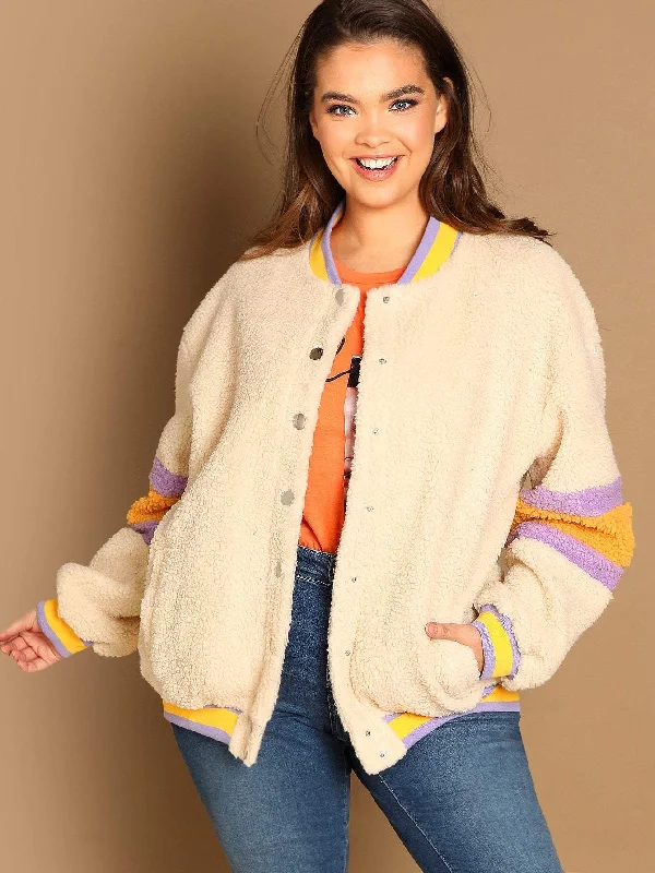 Simple Style Plus Drop Shoulder Button Up Teddy Jacket