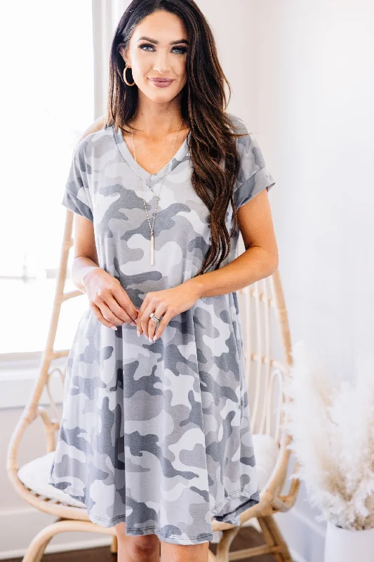 Easy Chic All The Fun Gray Camo Dress